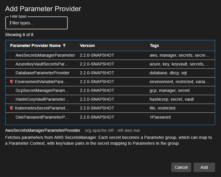 Add Parameter Provider Window