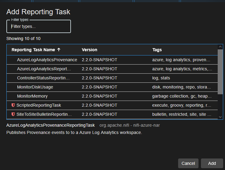 Add Reporting Task Window