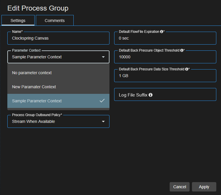 Process Group Parameter Context Menu